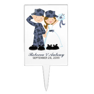 Bride and Soldier in Blue Camouflage Wedding Cake Picks