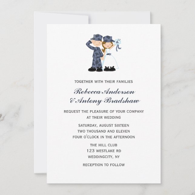 Bride and Soldier in Blue Camouflage Wedding Invitation (Front)