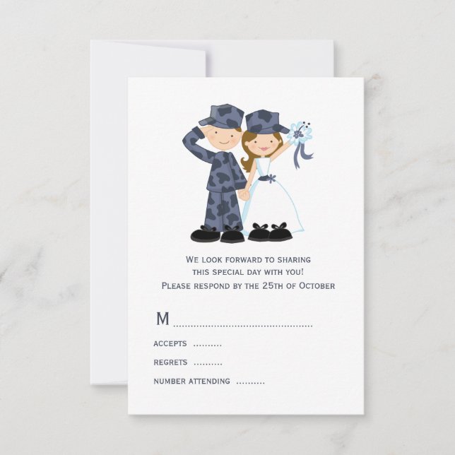 Bride and Soldier in Blue Camouflage Wedding RSVP Card (Front)