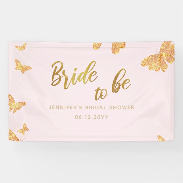 Bride Be Boho Gold Butterfly Pink Bridal Backdrop Banner (Horizontal)