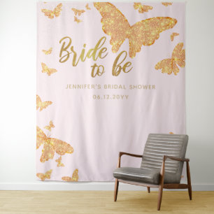 Bride Be Boho Gold Butterfly Pink Bridal Backdrop Tapestry