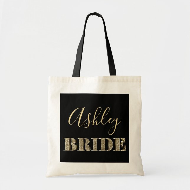 Bride Black and Gold Glitter Typography Chic Name Tote Bag (Front)