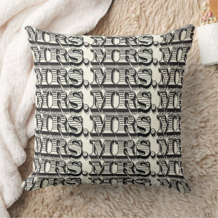 Bride Black and Ivory Mrs Typography Pattern Cushion