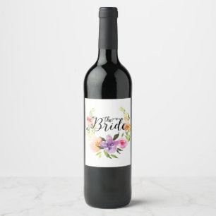 Bride Black Typography, Colourful Floral Wreath Wine Label