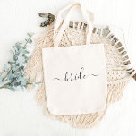 Bride Black White modern script wedding Tote Bag<br><div class="desc">Modern Bride Tote bag with simple text "bride" in beautiful script typography printed across the front. Cute and simple bags in a chic black script. Makes a great bridal shower,  bachelorette party or wedding gift for the future Mrs!</div>
