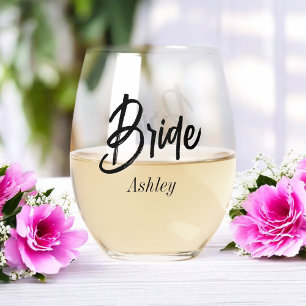 Bride Black White Script Wedding Stemless Wine Glass
