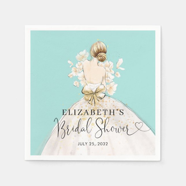 Bride Blonde Dress Blue Gold Floral Bridal Shower  Napkin (Front)