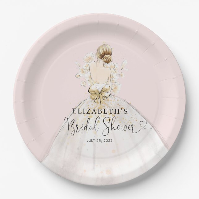 Bride Blonde Dress Pink Gold Floral Bridal Shower Paper Plate (Front)