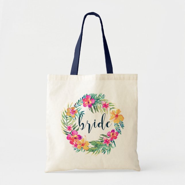 Bride Blue Typography & Tropical Flowers Wreath Tote Bag (Front)