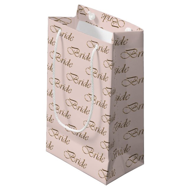 Bride blush pink gold elegant calligraphy pattern small gift bag (Front Angled)