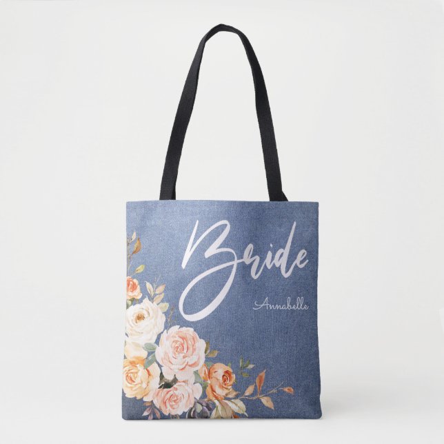 Bride Blush Pink & Peach faux Jean Floral Tote Bag (Front)