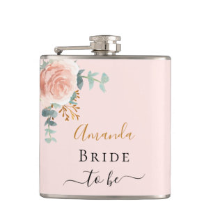 Bride blush rose floral eucalyptus bachelorette hip flask