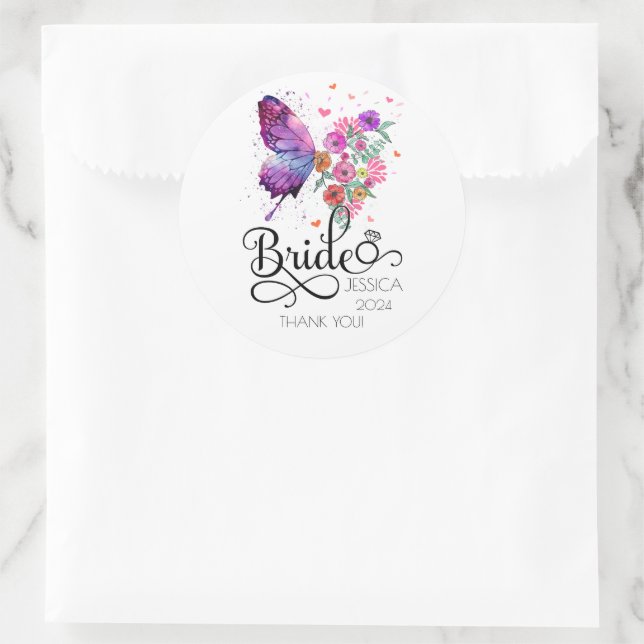 Bride boho Floral Butterfly Favour Round Sticker (Bag)