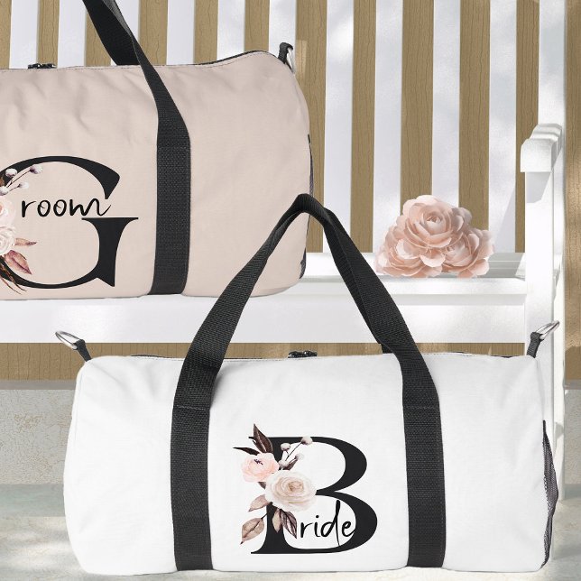 Bride Boho Floral Letter Wedding Overnight Duffle Bag (Bride Duffle Bag with boho floral letters - easy to change background color if required)