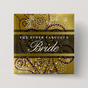 BRIDE Boho Purple Spirals Gold Wedding Button