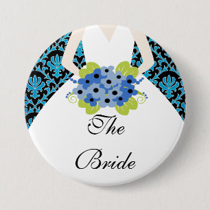 Bride Bridal Party  Button / Pin Damask Royal Blue