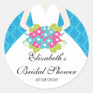 Bride Bridal Shower Sticker Seal Damask Blue