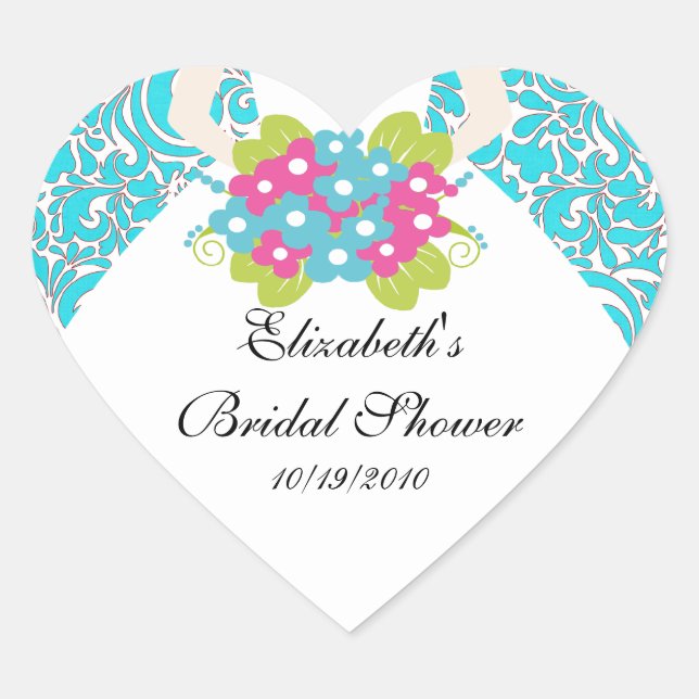 Bride Bridal Shower Sticker Seal Damask Turquoise (Front)