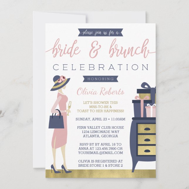 Bride & Brunch Shower Invitation, Navy, Pink, Gold Invitation (Front)