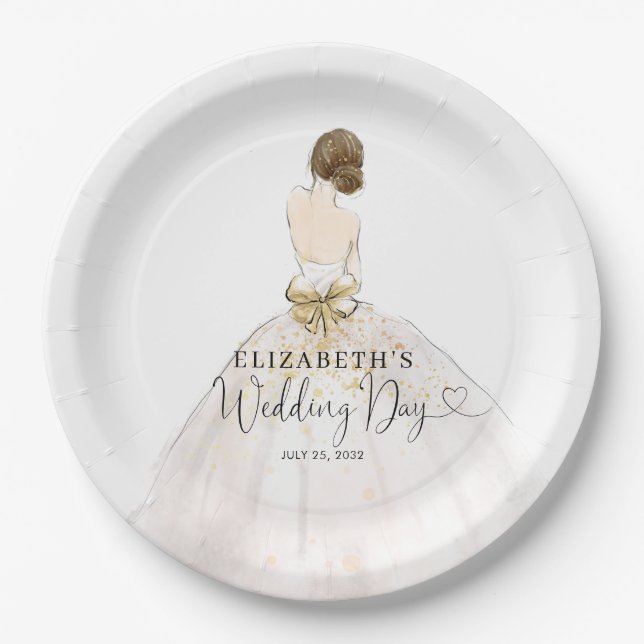 Bride Brunette Dress Floral Bridal Wedding Day Paper Plate (Front)