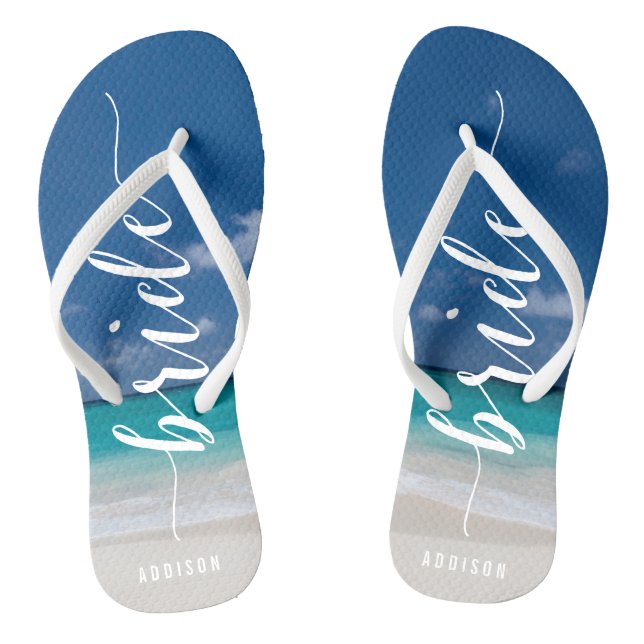 Bride Calligraphy Beach Wedding Party Flip Flops (Footbed)