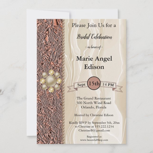 Bride Celebration Copper Foil, Cream Silk & Pearls Invitation (Front)