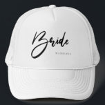 Bride Chic Black Typography Personalised White Trucker Hat<br><div class="desc">Go to your activities in bride style with this chic bride champagne trucker hat.  This hat is also available in champagne,  pink and white,  and more colours.</div>