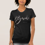 Bride Chic Faux Silver Typography Black T-Shirt<br><div class="desc">Celebrate your engagement with this chic bride typography t shirt. Add your name or delete it. Here's an idea: wear it as a wedding announcement at your engagement (or surprise engagement) party. Available in white, black, pink, and glitter faux gold, silver, and pink. Here's another idea for the person proposing....</div>