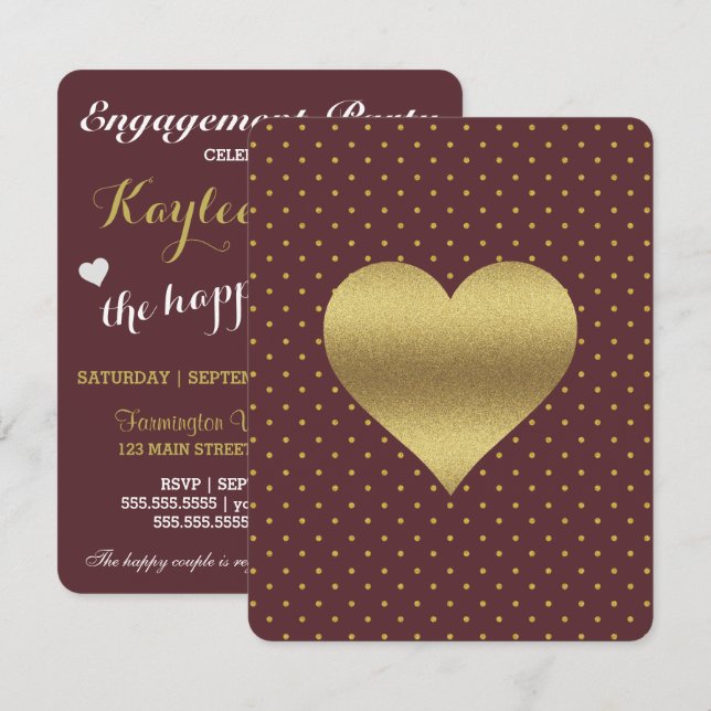 BRIDE CO Burgundy And Gold Heart Polka Dot Party Invitation (Front/Back)