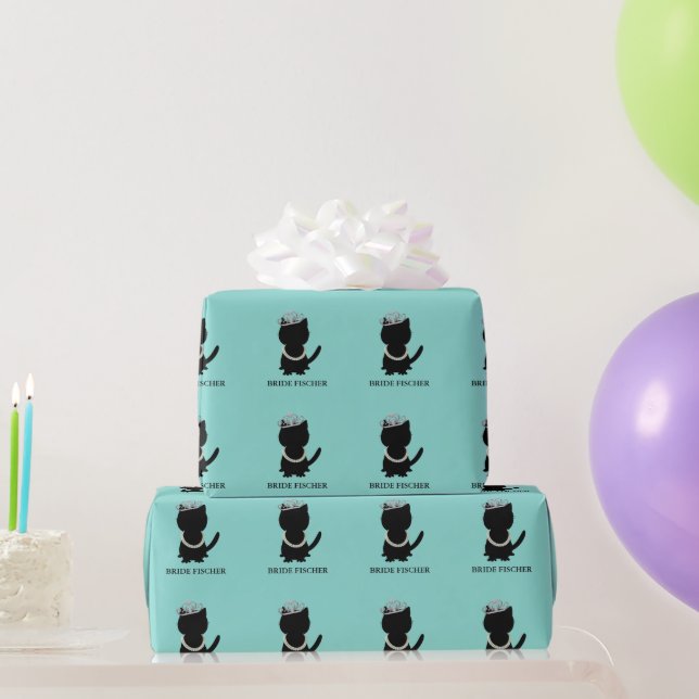 Bride & Co Celebration Teal Blue Tiara Cat Party Wrapping Paper (Party Gifts)