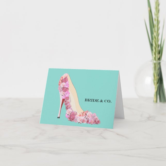 BRIDE CO Floral Heels Teal Blue Shower Party Note Card (Front)