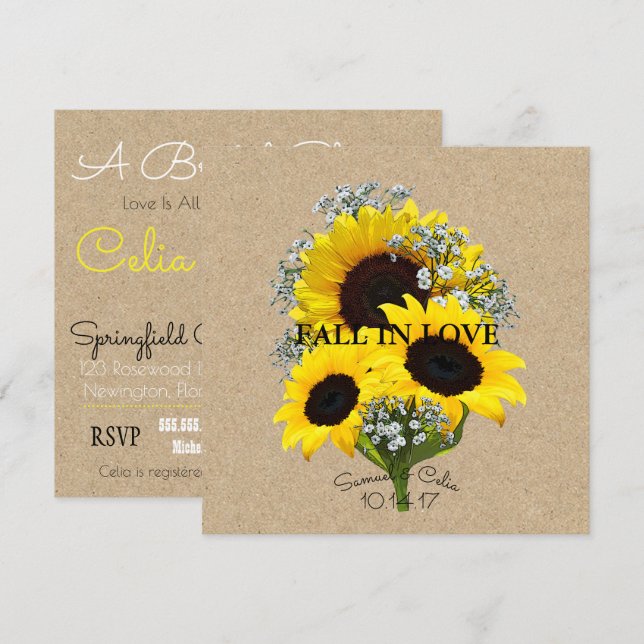 BRIDE & CO Kraft Autumn Bride Sunflower Invitation (Front/Back)