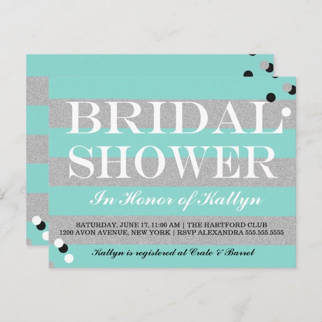BRIDE & CO Silver & Teal Bridal Shower Party Invitation (Front/Back)