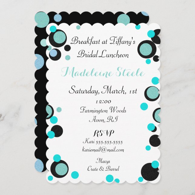 BRIDE & CO Teal Blue Black Polka Dot Party Shower Invitation (Front/Back)