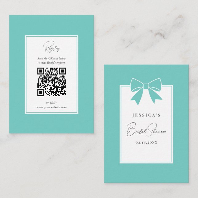Bride & Co. Teal Blue Bow Bridal Shower Registry Enclosure Card (Front/Back)