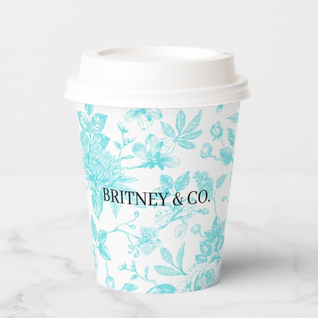 Bride & Co. Teal Floral Toile Personalised Paper Cups (Front)