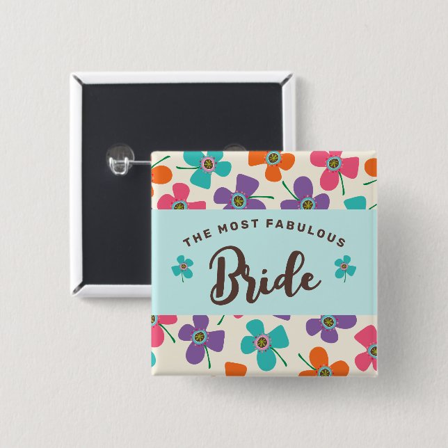 BRIDE Colourful Sweet Daisies Pop Wedding Name Tag 15 Cm Square Badge (Front & Back)