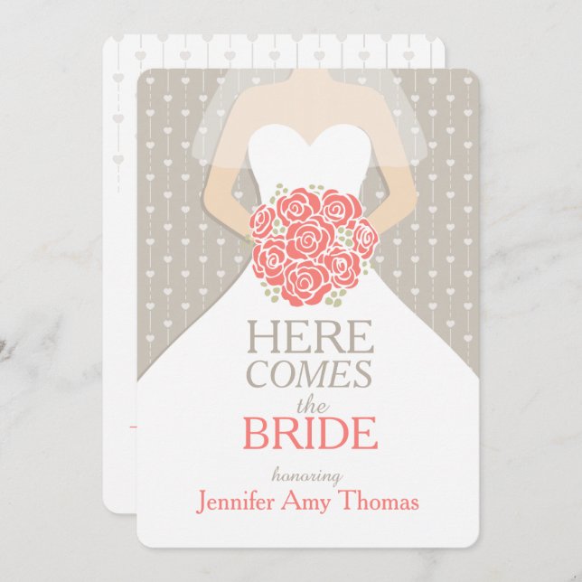 Bride coral bouquet graphic bridal shower invite (Front/Back)