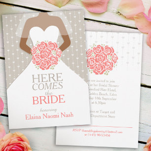 Bride coral rose bouquet graphic bridal shower invitation