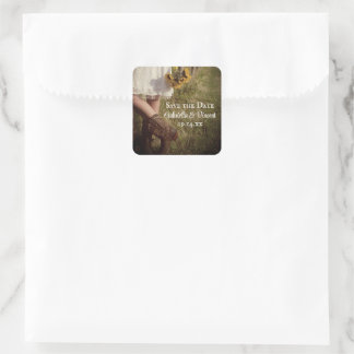 Bride, Cowboy Boots and Sunflowers Save the Date Square Sticker