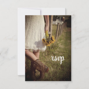 Bride, Cowboy Boots, Sunflowers Ranch Wedding RSVP Card