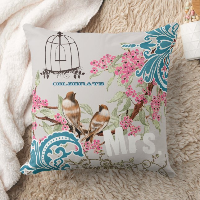 Bride Damask Love Bird Cherry Blossom Birdcage Cushion (Blanket)