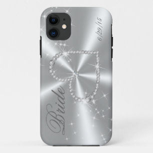 BRIDE - DIAMOND HEART ON SILVER SATIN iPhone 11 CASE