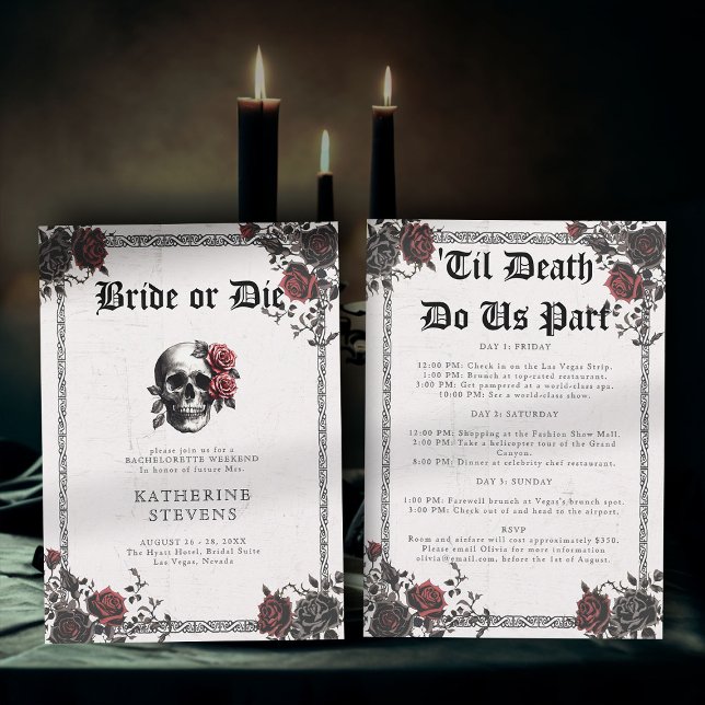 Bride Die Goth Floral Bachelorette Party Itinerary Invitation (bride or die bachelorette party invitation weekend itinerary skull floral roses romantic moody goth)