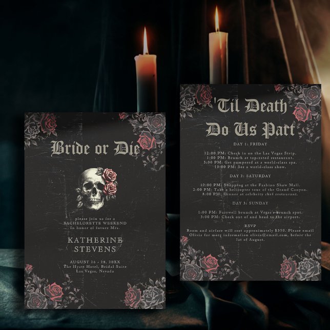 Bride Die Skull Roses Bachelorette Party Itinerary Invitation (bride or die bachelorette party invitation itinerary moody dark goth gothic til death floral skull)