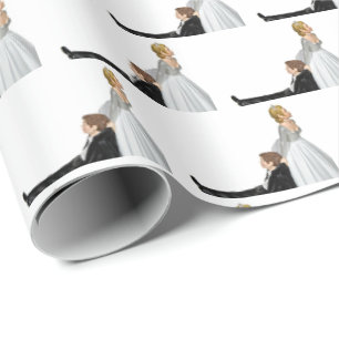 bride dragging groom wrapping paper