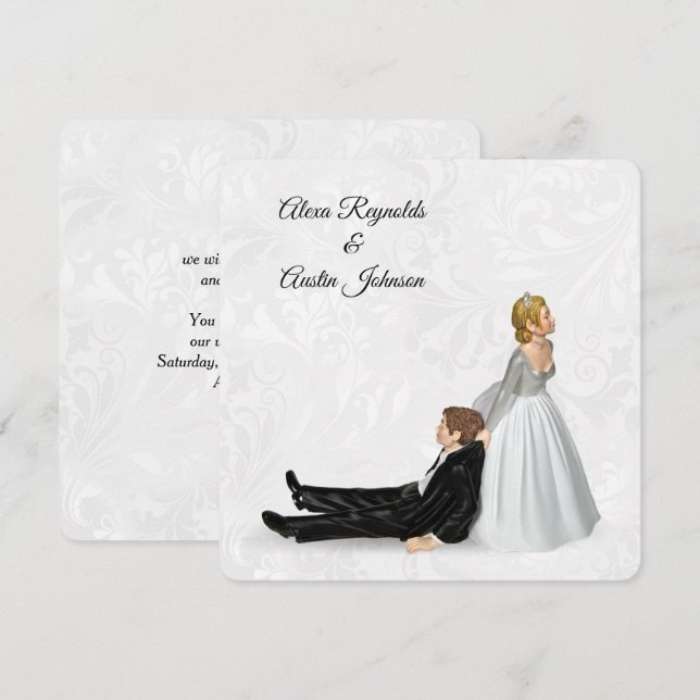 Bride Dragging The Groom Wedding Humor Invitation (Front/Back)
