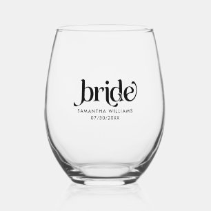Bride Elegant Black Retro Typography Stemless Wine Glass
