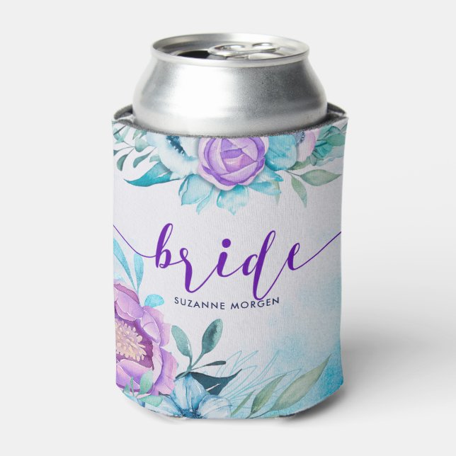 Bride Elegant Script Typography & Boho Flowers Can Cooler (Can Front)
