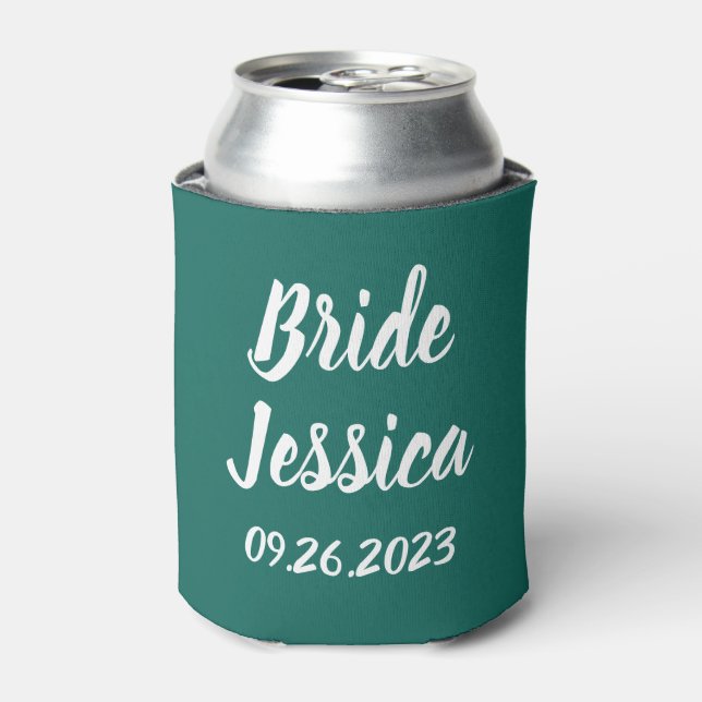 Bride Emerald Green Elegant Script Gift Weddings Can Cooler (Can Front)